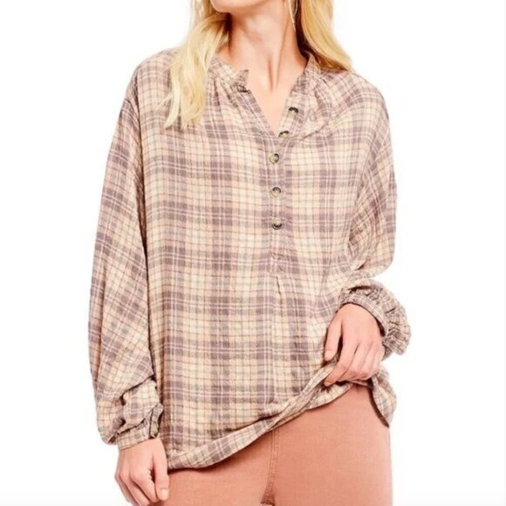 Free People North Bound Pullover Beige Plaid Women's Small